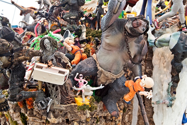 Close-up detail of Canadian sculptor Kim Adam's junk pile work the Bruegel Bosch Bus, and old VW bus covered in junk